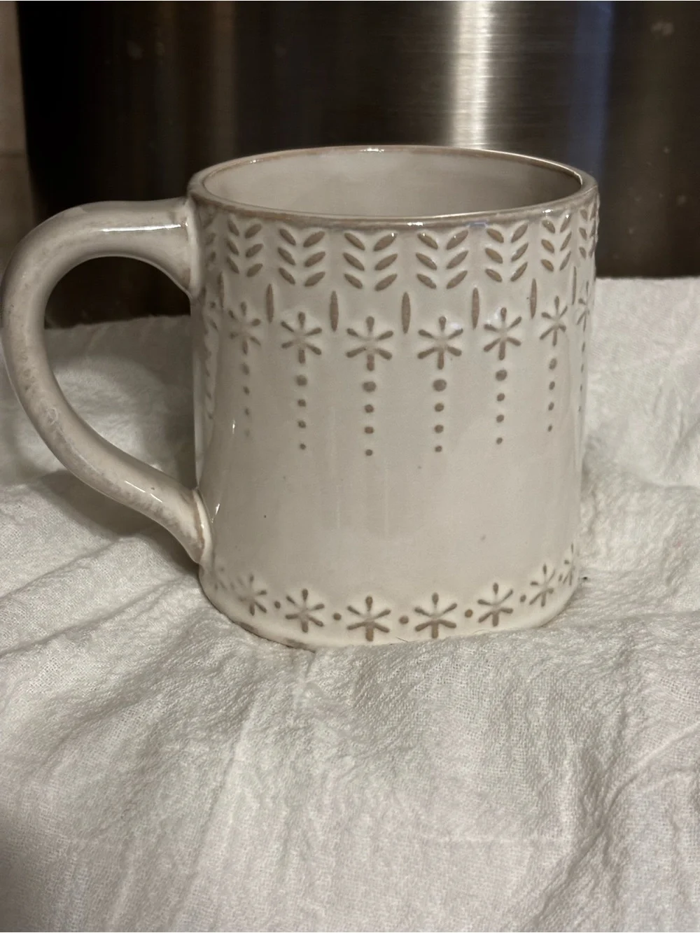 Anthropologie Christmas Coffee Cup Mug N Monogram WinterHouse Snowflake Embossed